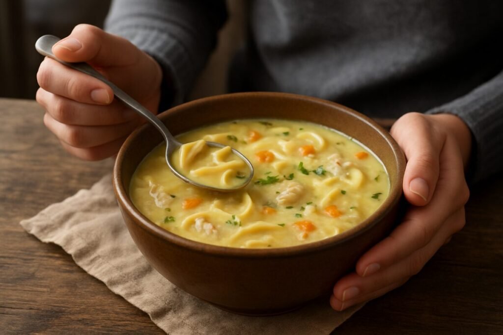 Esfriou? Faça essa sopa cremosa de frango com macarrão!